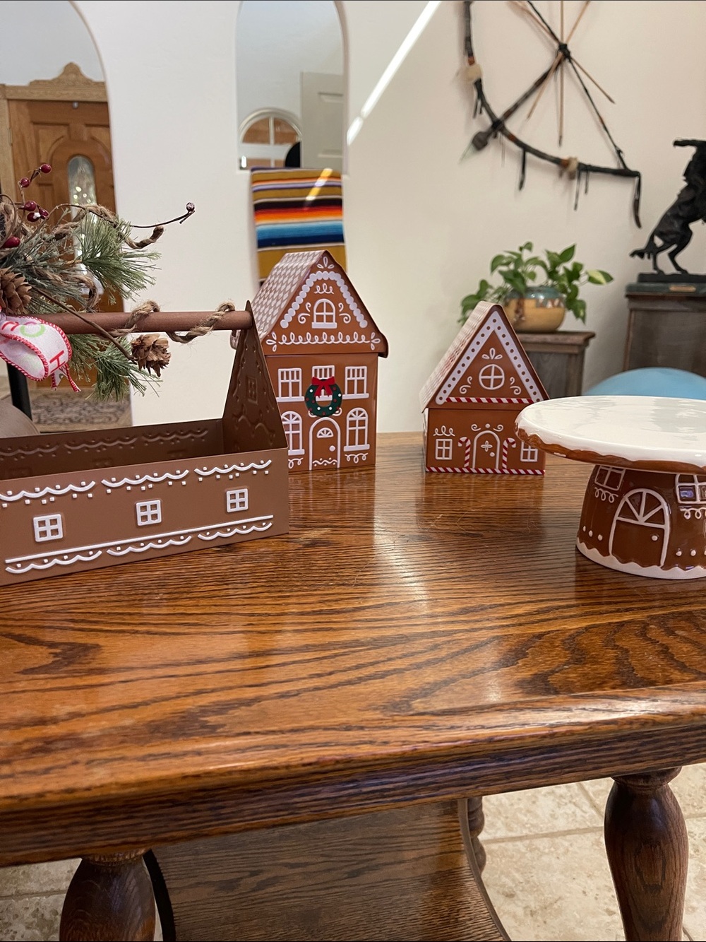 Gingerbread Tin Holiday Village, ceramic cake plate and metal caddy
